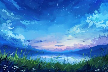 Serene Nighttime Landscape with a Still Lake and Starry Sky