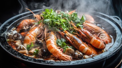 Hot tom yum goong with large shrimp and mushrooms, garnished with coriander and chili, with a steaming broth that captures its spicy and sour essence