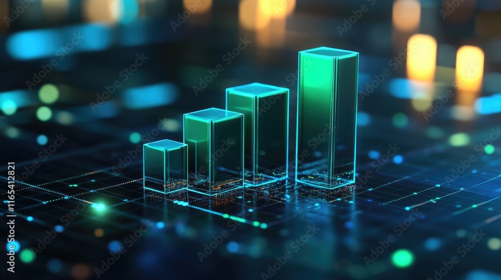Poster modern d bar chart with bright bars in shades of green and blue, standing on a grid plane, represent