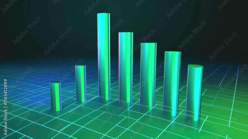 Poster modern d bar chart with bright bars in shades of green and blue, standing on a grid plane, represent