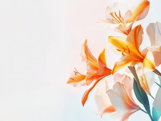 Fototapeta premium A soft, artistic arrangement of orange and white flowers against a light background.