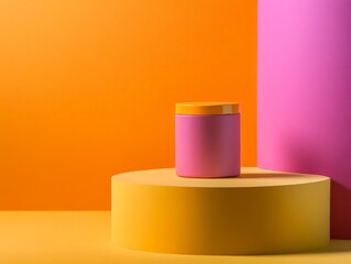 A colorful display featuring a pink jar on a yellow pedestal against an orange background.