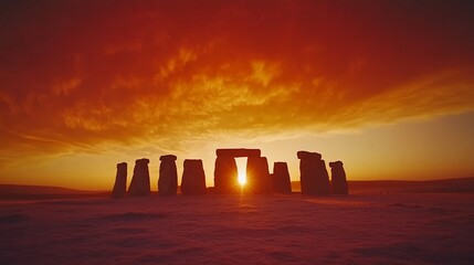 Stonehenge sunset silhouette against fiery sky.