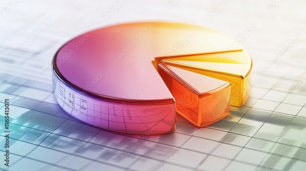 Poster sleek d pie chart with glass-like segments in gradient hues, hovering over a digital grid background