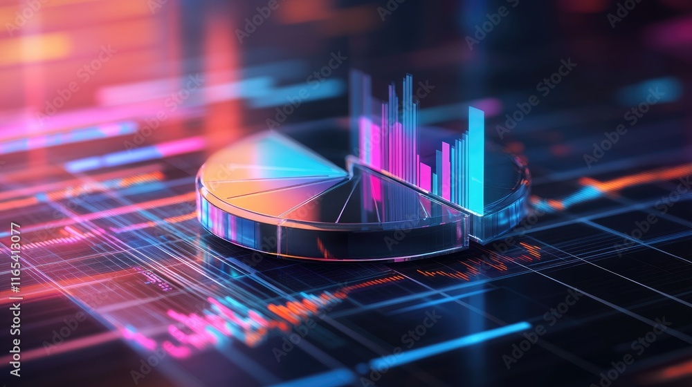 Aufkleber sleek d pie chart with glass-like segments in gradient hues, hovering over a digital grid background