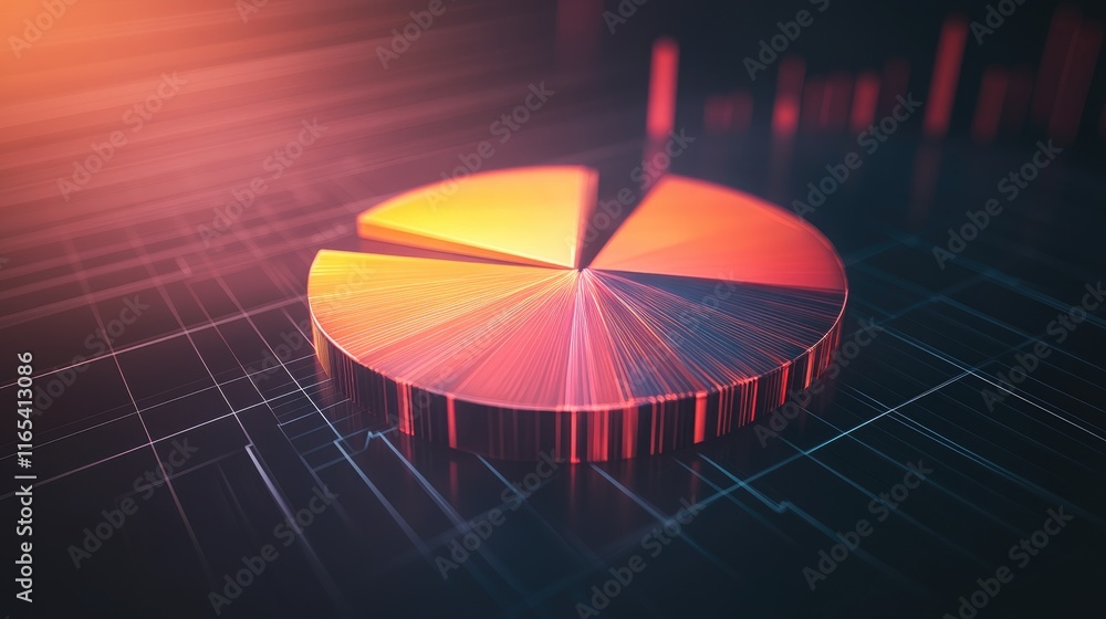 Aufkleber sleek d pie chart with glass-like segments in gradient hues, hovering over a digital grid background