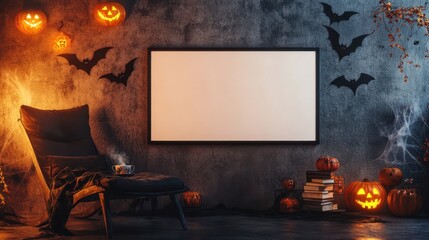 Halloween garlands and spooky lights frame a sign on a cement wall