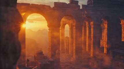 Sunset Over an Ancient Ruin - Generative AI