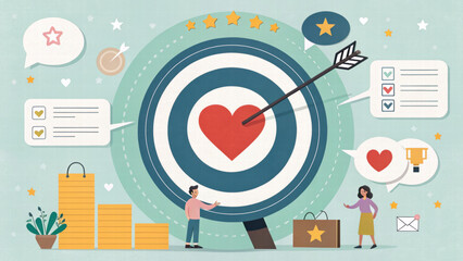 Obraz premium Heart centered target with arrow surrounded by icons