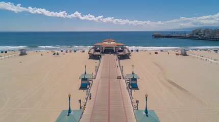 Scenic view of Manhattan Beach Pier under clear blue skies on a sunny day, California coastline