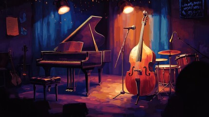 Fototapeta premium A cozy jazz club stage bathed in soft warm lighting with vintage decor