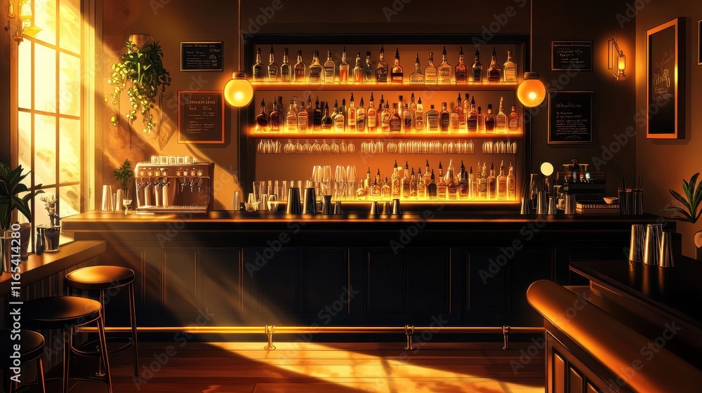 Wall mural Elegant bar with golden details and dim cozy lighting in jazz club