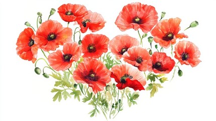 Obraz premium Heart-Shaped Watercolor Poppies: Vibrant Floral Arrangement. Romantic and Exquisite Painting of Red Poppies in a Heart Shape