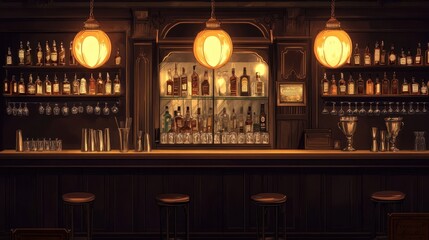 Warm lights reflect on brass decor in a cozy jazz club bar