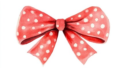 Delicate Watercolor Red Bow with White Dots - A Charming Artistic Design for Gift Wrapping or Decoration