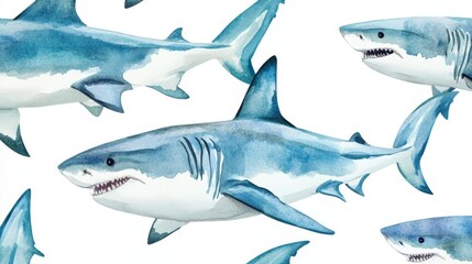 Stunning Watercolor Sharks Pattern - Vibrant Marine Life Illustration