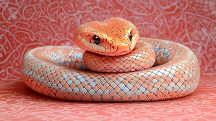 Fototapeta premium Close-up of a coiled orange and blue snake against a textured red background.