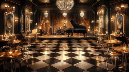 Vintage decor and floor glow under chandeliers in jazz setting
