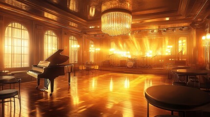 Amber chandeliers glow over polished wood floor in jazz club