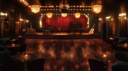 Amber lights create warm ambiance in jazz club decor