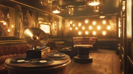 Golden tones highlight gramophone and vintage decor in jazz club