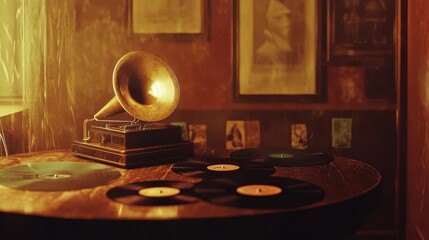 Obraz premium Muted hues fill jazz club corner with glowing gramophone decor