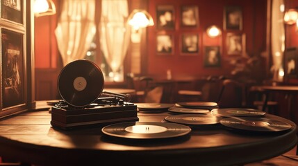 Obraz premium Warm light reflects on gramophone and vintage decor in jazz club