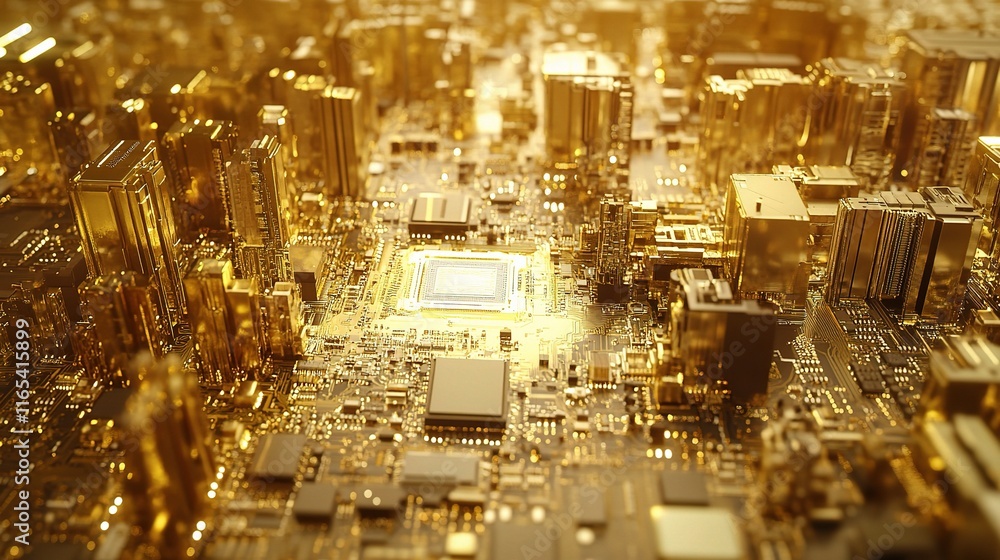 Poster detailed gold circuit board with compute elements in background
