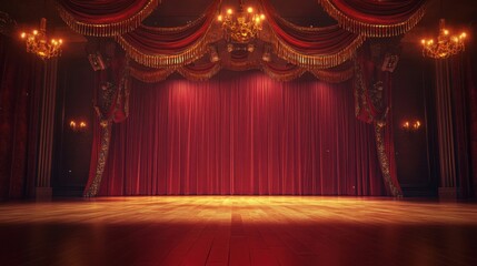 Amber lights cast warmth on red velvet curtains in a refined jazz club setting