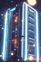 space habitat module rendered in 3d with glowing panels and blurred celestial visuals