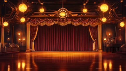 Amber lighting enhances the rich textures and intricate details of a vintage jazz club stage