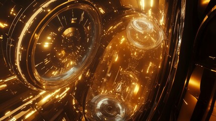 A futuristic representation of time travel with swirling lights and clocks.