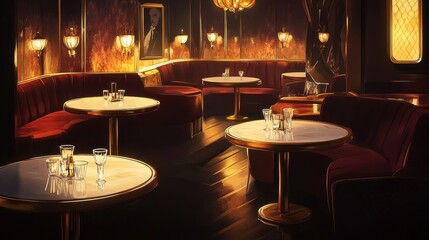 Dark linen tables adorned with crystal glasses and brass lamps evoke an intimate jazz club ambiance