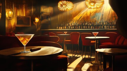 Naklejka premium Jazz club closing scene with dim light and scattered drinks