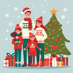 vector image of family photo on Christmas day