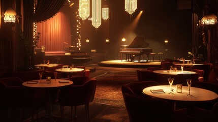 Fading light on empty tables and chairs in jazz club