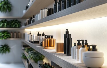 Aesthetic, high-end still life of shelves with minimal luxury beauty and skin care products , skincare, beauty, luxury