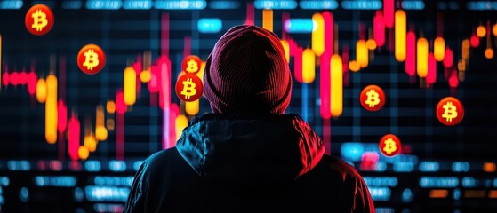Bitcoin price prediction concept. A person observing a cryptocurrency market graph with Bitcoin symbols, showcasing digital finance trends and investment analysis.