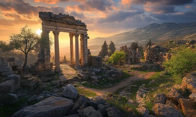 Fototapeta premium Sunset over ancient ruins, columns, stones, and mountains.