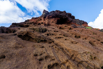 Dramatic Coastal Landscape rock detail With Green Cliffs and Stormy Sky, Sao Lorenzo, Madeira