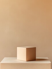 A minimalistic scene featuring a beige cube on a matching pedestal against a soft background.