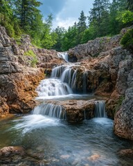 Fototapeta premium Serene cascading waterfall flowing over rocks in a lush green forest.