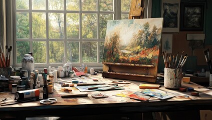 Unique artist workspace interior with wooden easel, bookcase, artworks, painting accessories, decoration and elegant personal stuff. Modern work room for artist See Less