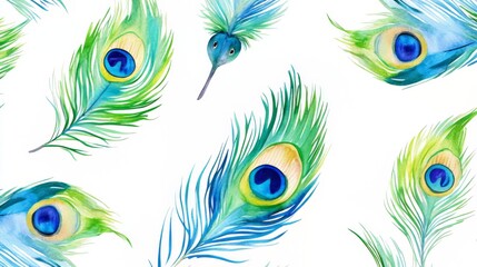 Obraz premium Stunning Watercolor Peacock Feather Pattern Design. Vibrant Colors and Detailed Feather Illustration. Perfect for Decorative Prints and Wall Art.