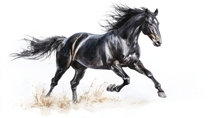 Fototapeta premium Majestic Black Horse in Full Gallop: Watercolor Masterpiece of Power and Freedom