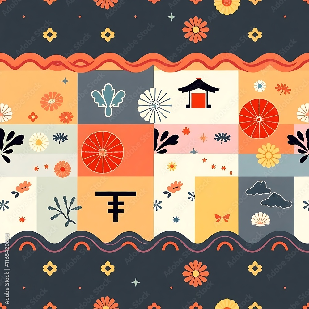 Poster japanese floral patchwork pattern: a delightful seamless pattern featuring a patchwork design with t