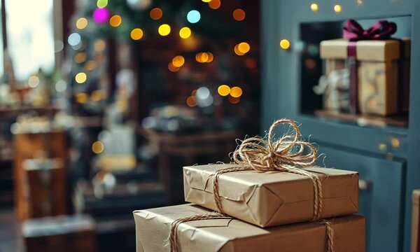 Wrapped packages on a wooden surface with warm ambiance.