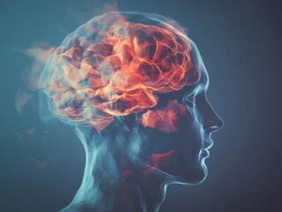 A digital illustration of a human head with a fiery brain, symbolizing creativity and thought.