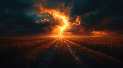 Dramatic lightning storm over a rural road.