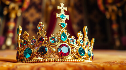 Golden crown with gemstones on velvet in a luxury royal display